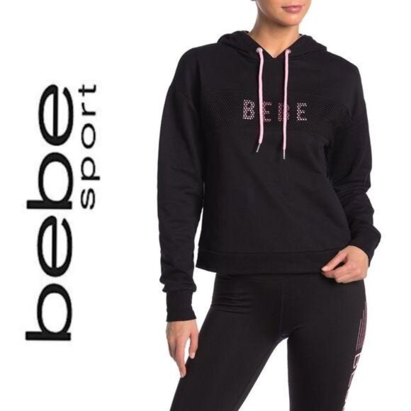 Bebe NWT Sport Black Rhinestone Logo Pullover Hoodie Womens Sweatshirt Large - Picture 1 of 5